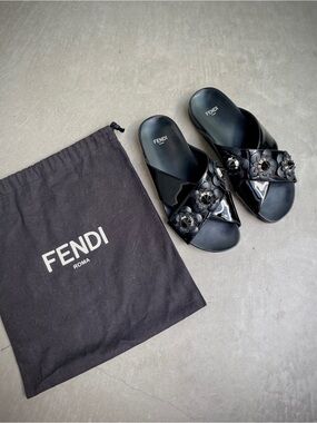 Fendi Black Patent Leather Flowerland Studded Criss Cross Slide Sandals